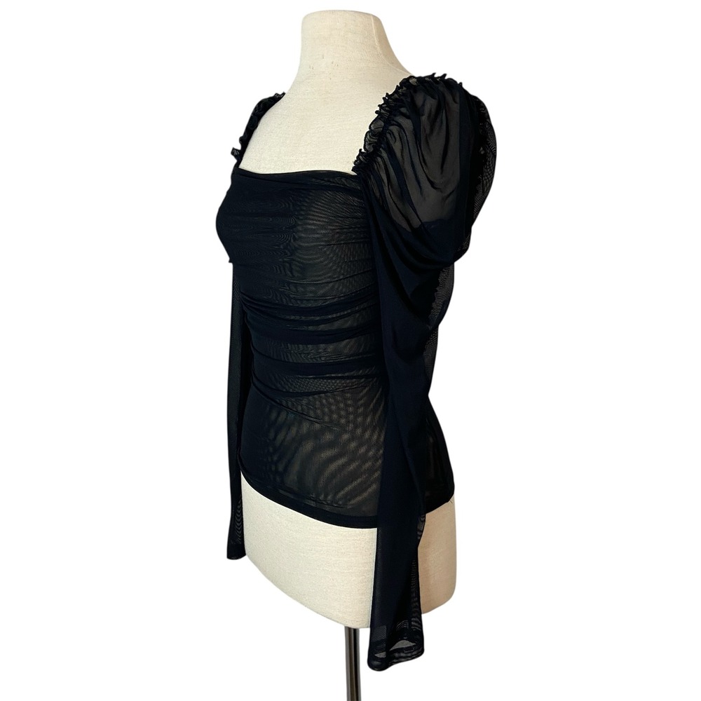 SHEIN Top Black Sheer Ruched Mesh Long Sleeve Y2K Whimsgoth Womens Small Bodycon - Picture 2 of 7